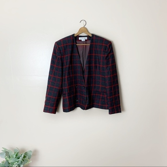 [Jones New York] Vintage Dark Gray & Red Plaid Academia Wool Blazer - Picture 1 of 10